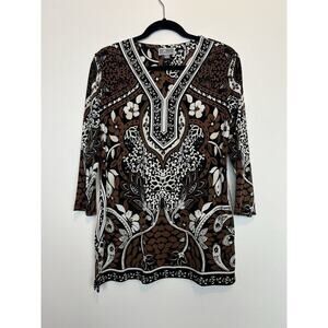 JM Collection v neck stretch tunic blouse rhinestone detail MD tropical floral